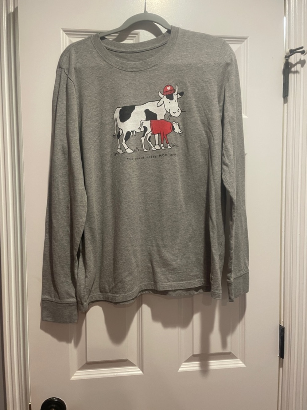 Life Is Good Gray Long-Sleeve Tee with Cow & Calf Graphic and Red Accents